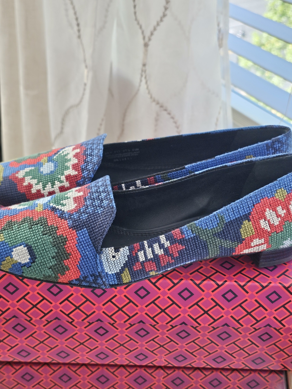 Tory Burch Blue Floral Needlepoint Loafers - Picture 3 of 5